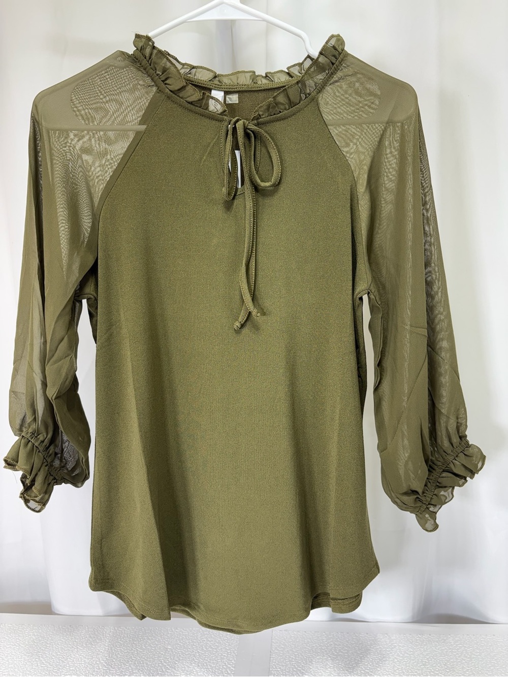 NY Collection Olive Tie-Front Ruffle Neck Blouse 4118